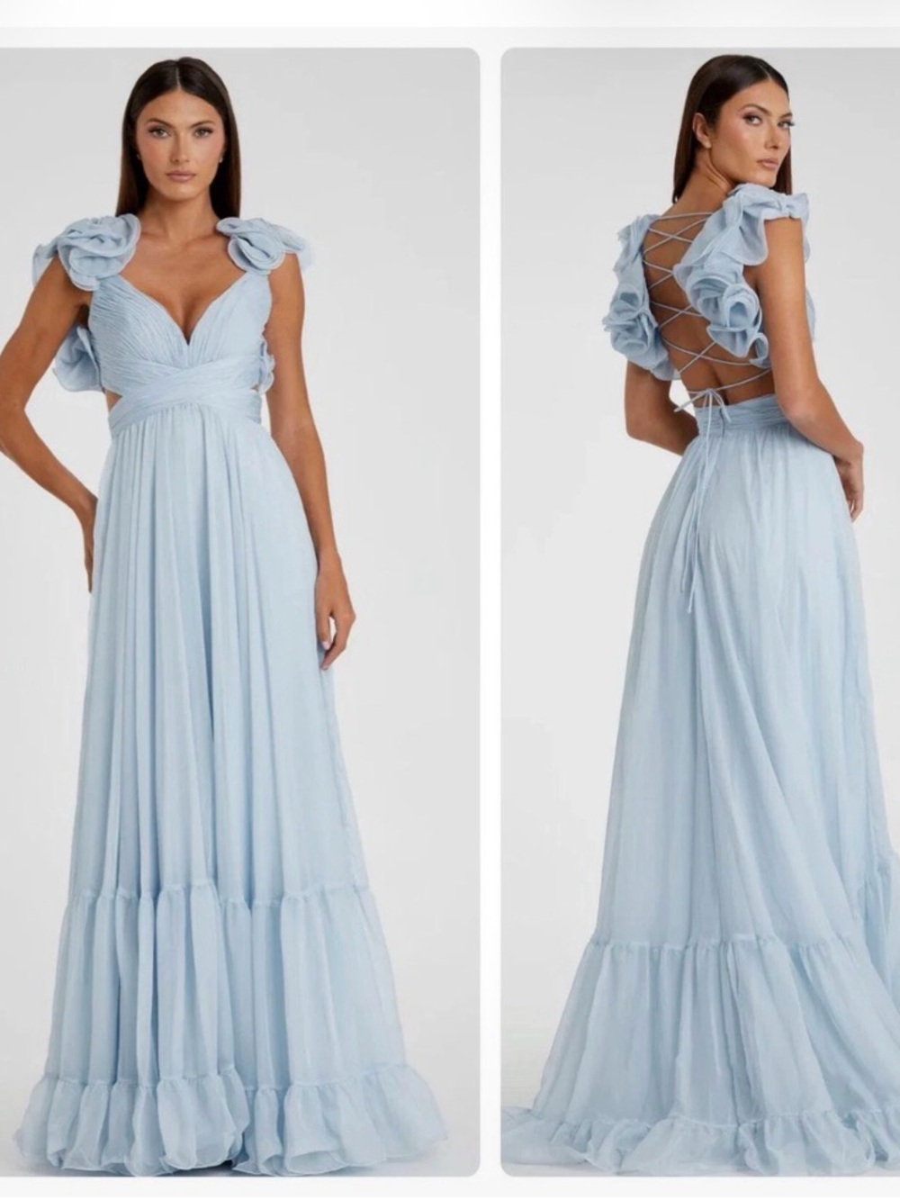Mac Duggal Light Blue Chiffon Prom Gown with Twist Bodice